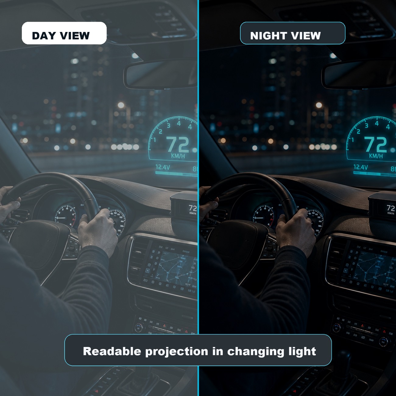 HUDScreen display visibility comparison during daylight and night use