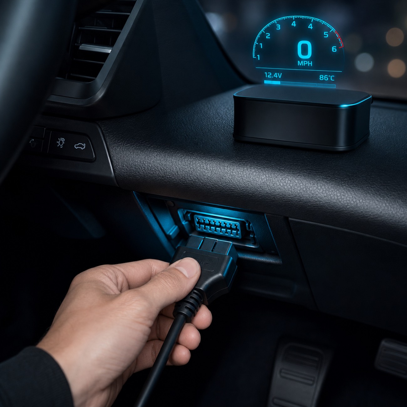 Plugging a HUDScreen cable into a compatible vehicle connection