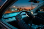 Driver's hands on the steering wheel at dusk with a cyan head-up display speed readout
