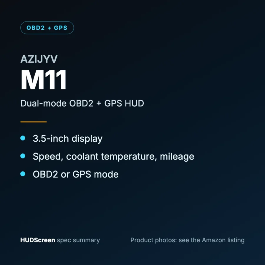 AZIJYV M11 spec summary card by HUDScreen